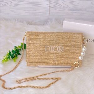 DIOR raffia Tan Woven Clutch Bag purse gold chain summer beach cruise vacation
